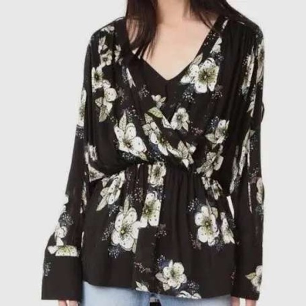 Free People Black Floral Surplice V-Neck Peplum Blouse Tie Sleeve Top Small